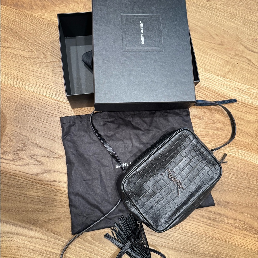 YSL Saint Laurent Black Croc-Embossed camera crossbody bag
